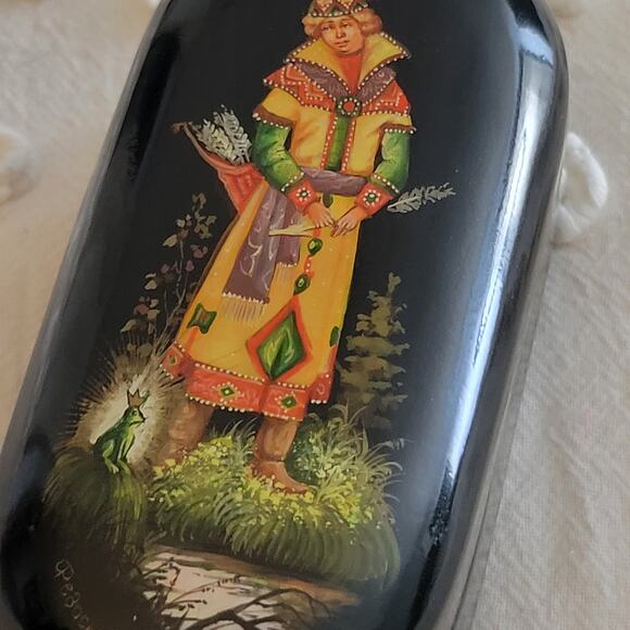 VTG Russian Fedoskino Hand Painted Frog Prince Ivan Signed Lacquer Hinged Box - Picture 2 of 16